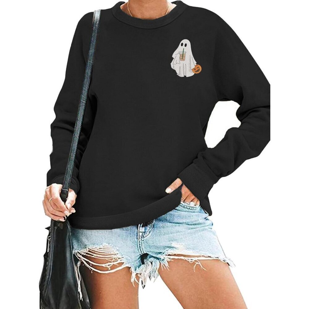 Halloween Sweatshirt Women Spooky Ghost Coffee Embroidered Fall Pullover